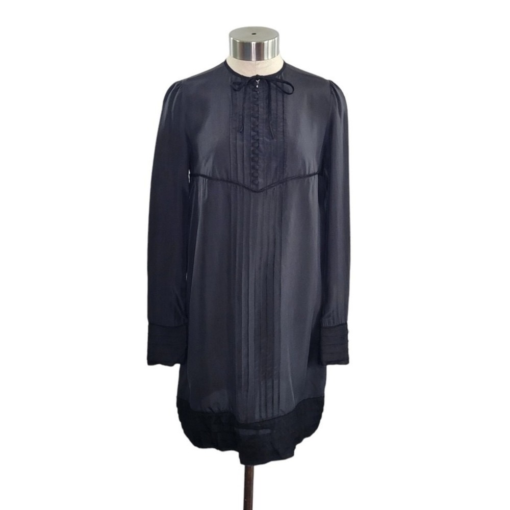 NWT DSQUARED2 Black Long Sleeve Pleated Silk Shift Dress IT 38/US 0/2 *FLAW*